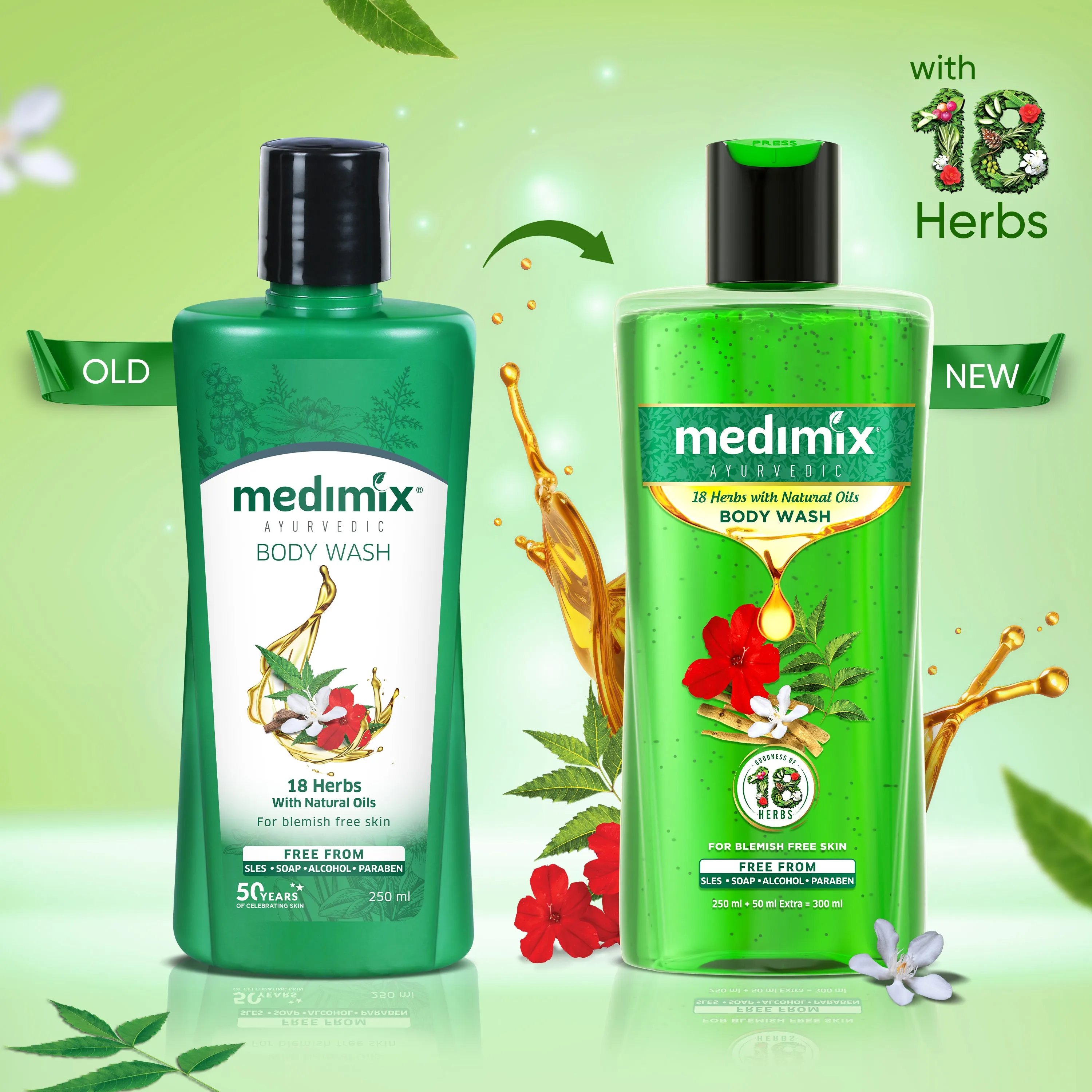 18 Herbs with Natural Oils Body Wash For Blemish Free Skin | 250ml   50ml Extra
