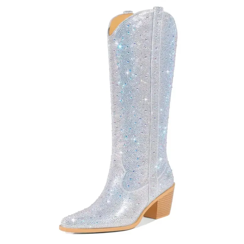2023 Embroidered Rivet Knee Boots 44 Rhinestone Pointy Women Boots Leather Car Stitching Chelsea Boot Fashion Show Shiny Boots