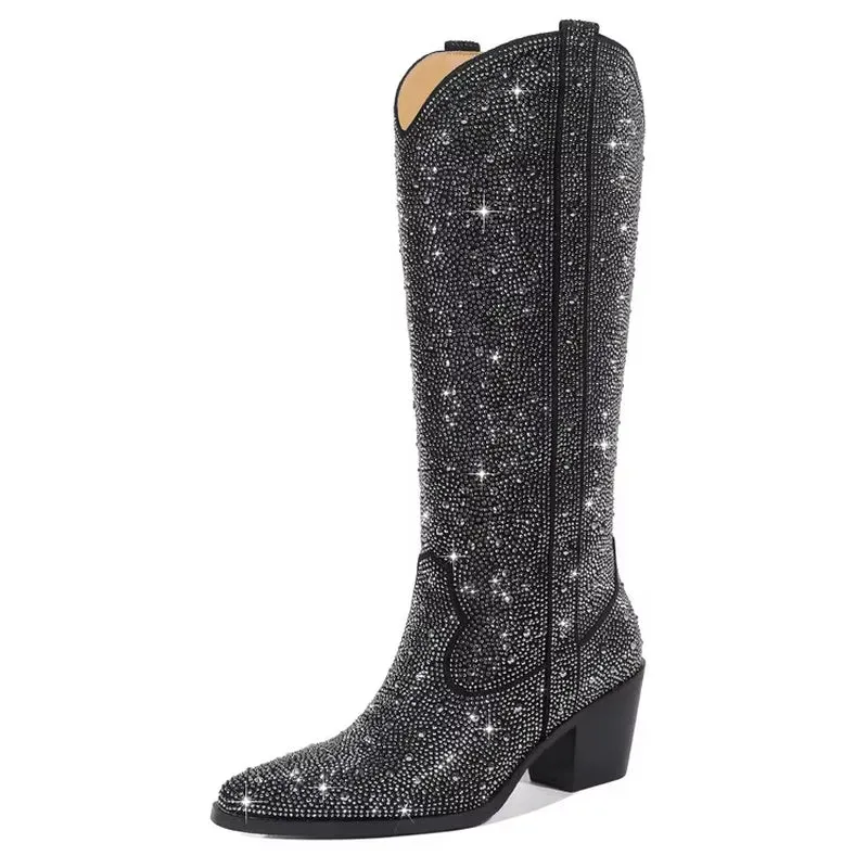 2023 Embroidered Rivet Knee Boots 44 Rhinestone Pointy Women Boots Leather Car Stitching Chelsea Boot Fashion Show Shiny Boots
