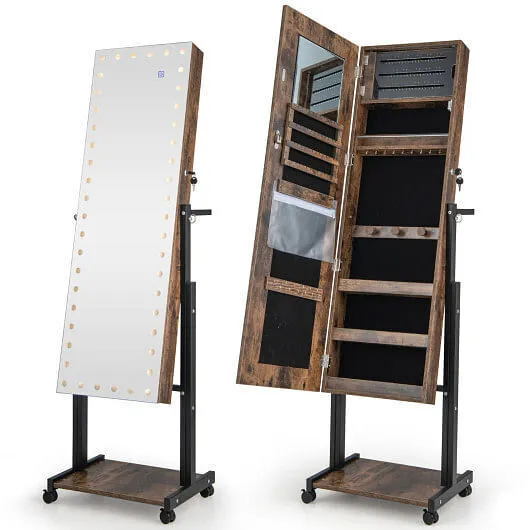 3-Color 46 LED Lights?&nbsp;Mirror Jewelry Cabinet Armoire Adjustable Height wit