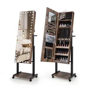 3-Color 46 LED Lights?&nbsp;Mirror Jewelry Cabinet Armoire Adjustable Height wit
