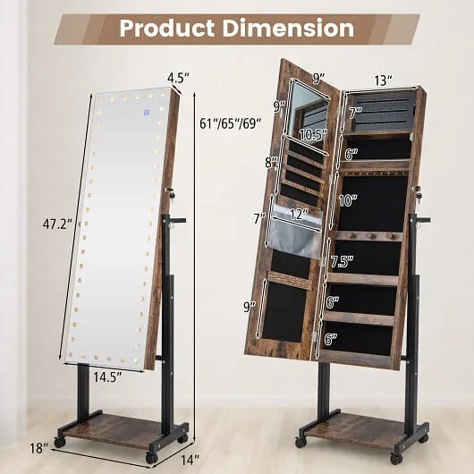 3-Color 46 LED Lights?&nbsp;Mirror Jewelry Cabinet Armoire Adjustable Height wit