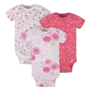 3-Pack Baby Girls Comfy Stretch Roses & Bunnies Short Sleeve Onesies® Bodysuits