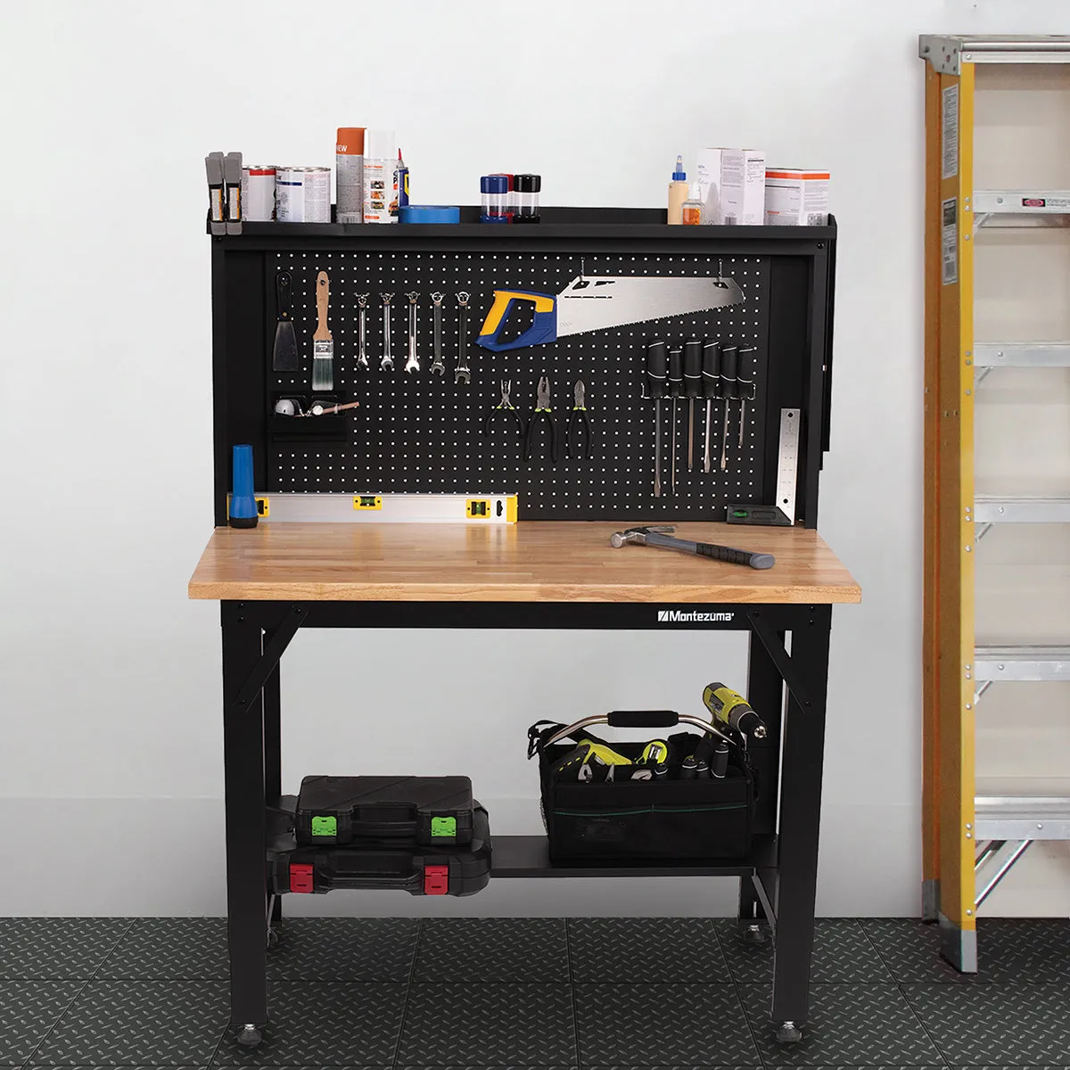4 ft. Adjustable Height Steel Workbench with Pegboard Back Wall
