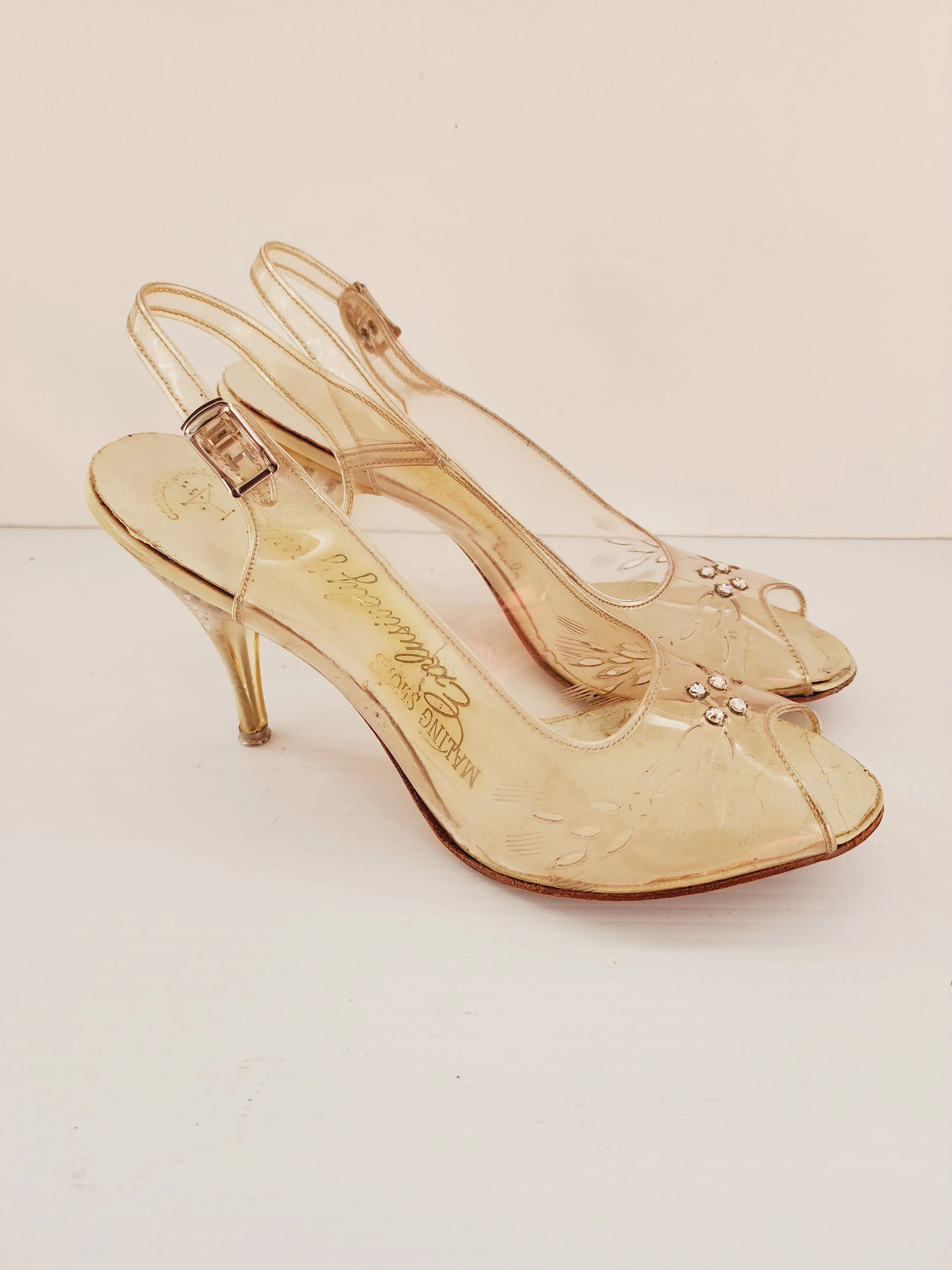 50s Clear Lucite High Heel Shoes High Heel Slingbacks Peep Toe Size 6