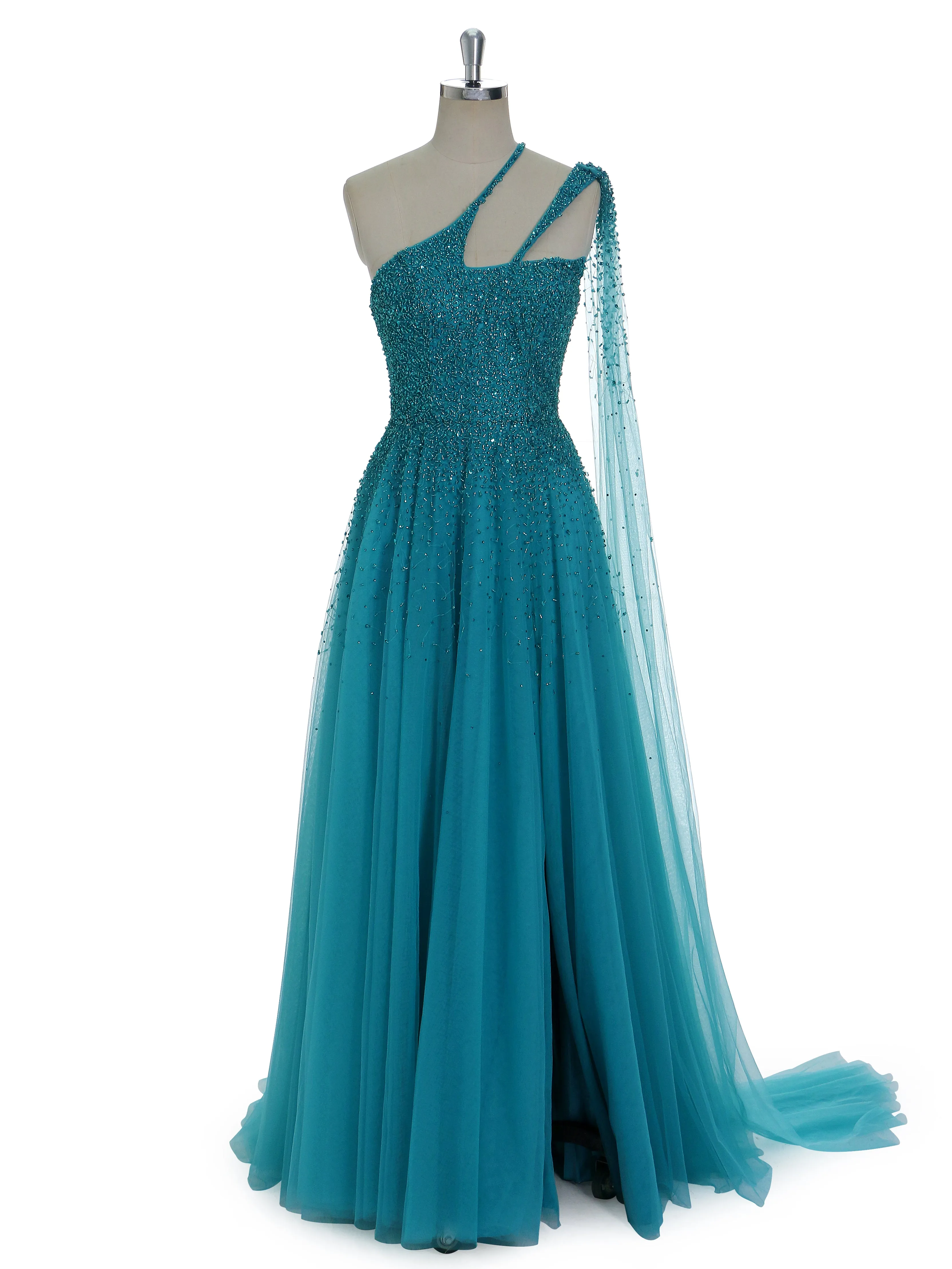 A Line Asymmetrical Neckline Sweep Train Peacock Blue Evening Dresses Special Occasions Gown YE2533