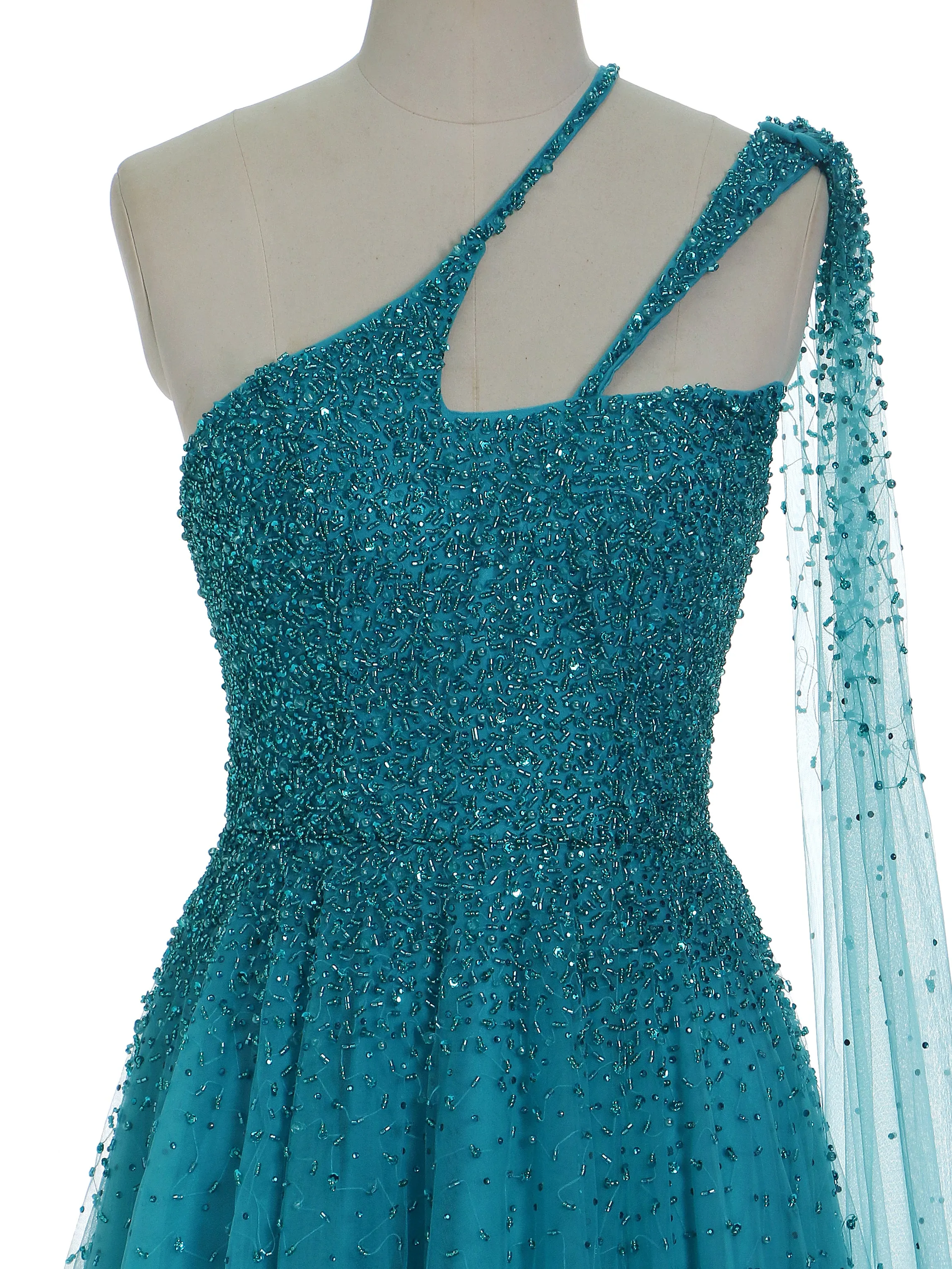 A Line Asymmetrical Neckline Sweep Train Peacock Blue Evening Dresses Special Occasions Gown YE2533