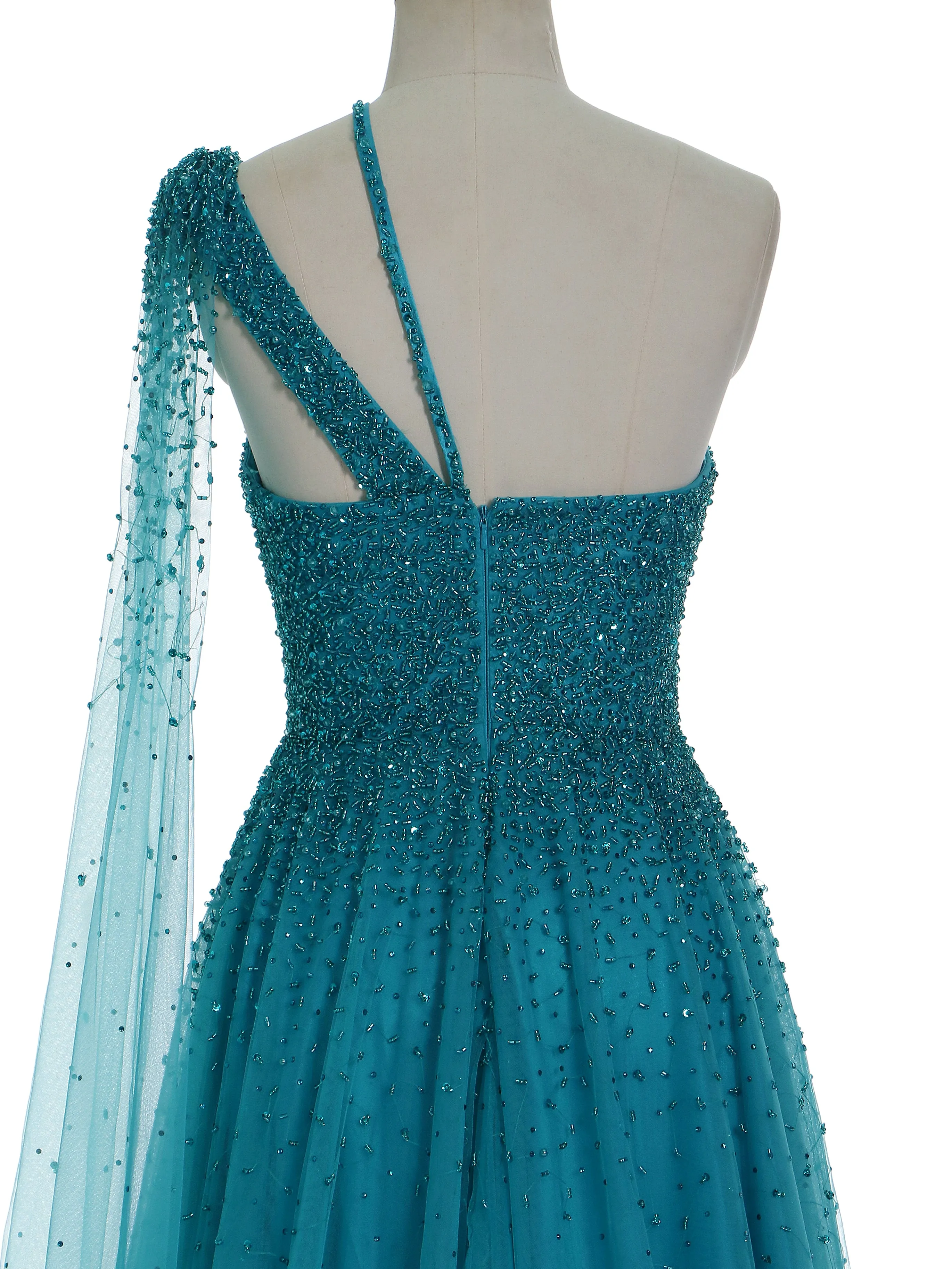 A Line Asymmetrical Neckline Sweep Train Peacock Blue Evening Dresses Special Occasions Gown YE2533