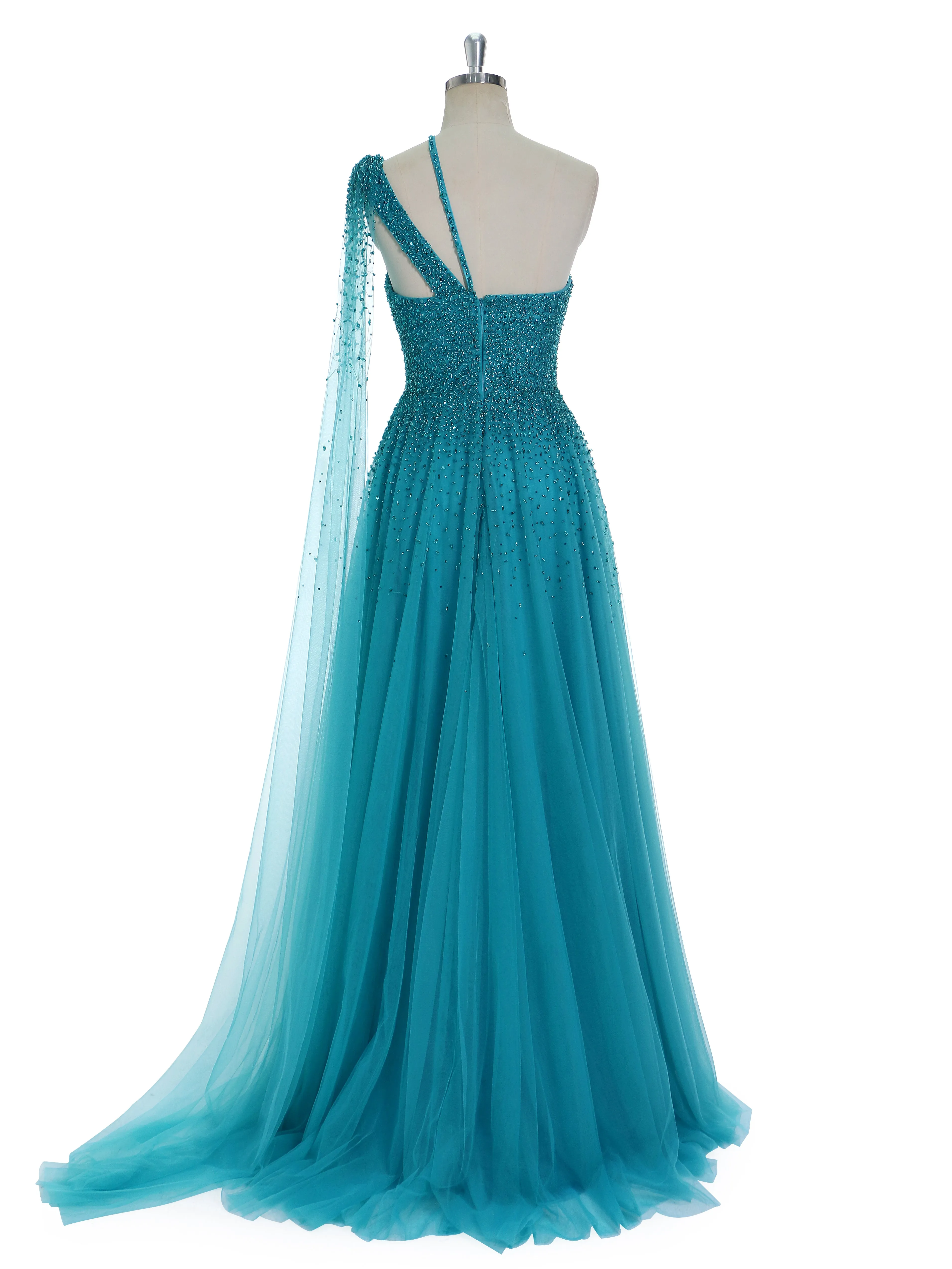 A Line Asymmetrical Neckline Sweep Train Peacock Blue Evening Dresses Special Occasions Gown YE2533