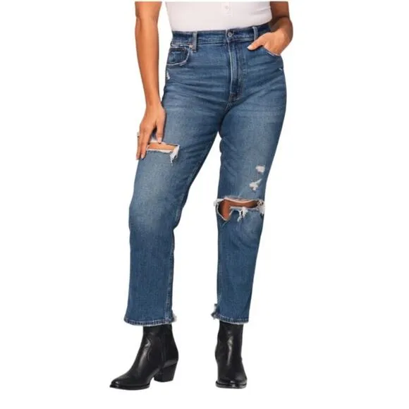 Abercrombie &amp; Fitch Curve Love Ultra High Rise Ankle Straight Jean Destroyed 26R