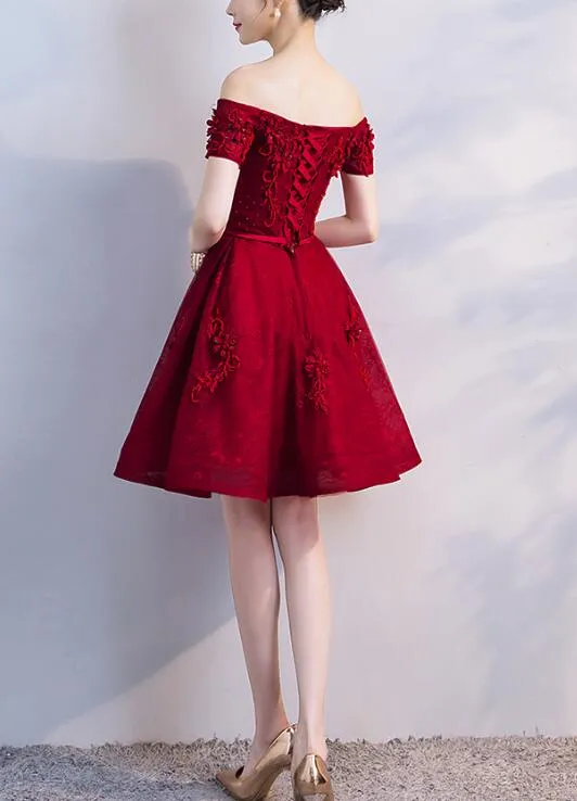 Adorable Wine Red Short Beaded Homecoming Dress, Short Prom Dress, Graduation Party Dress