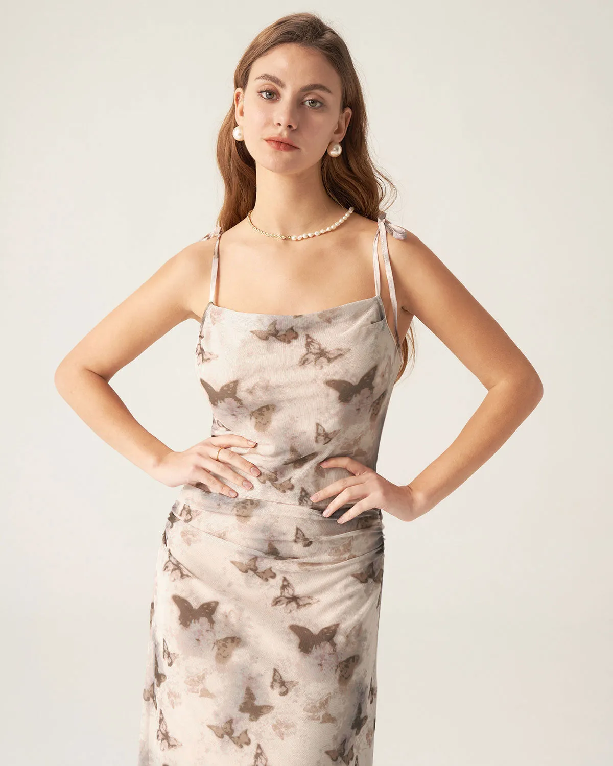 Apricot Floral Cowl Neck Slip Midi Dress