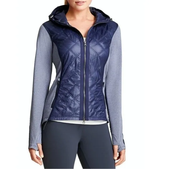 ATHLETA Aries quilted hooded thumbholes zip up weatherproof blue gray NEW size M