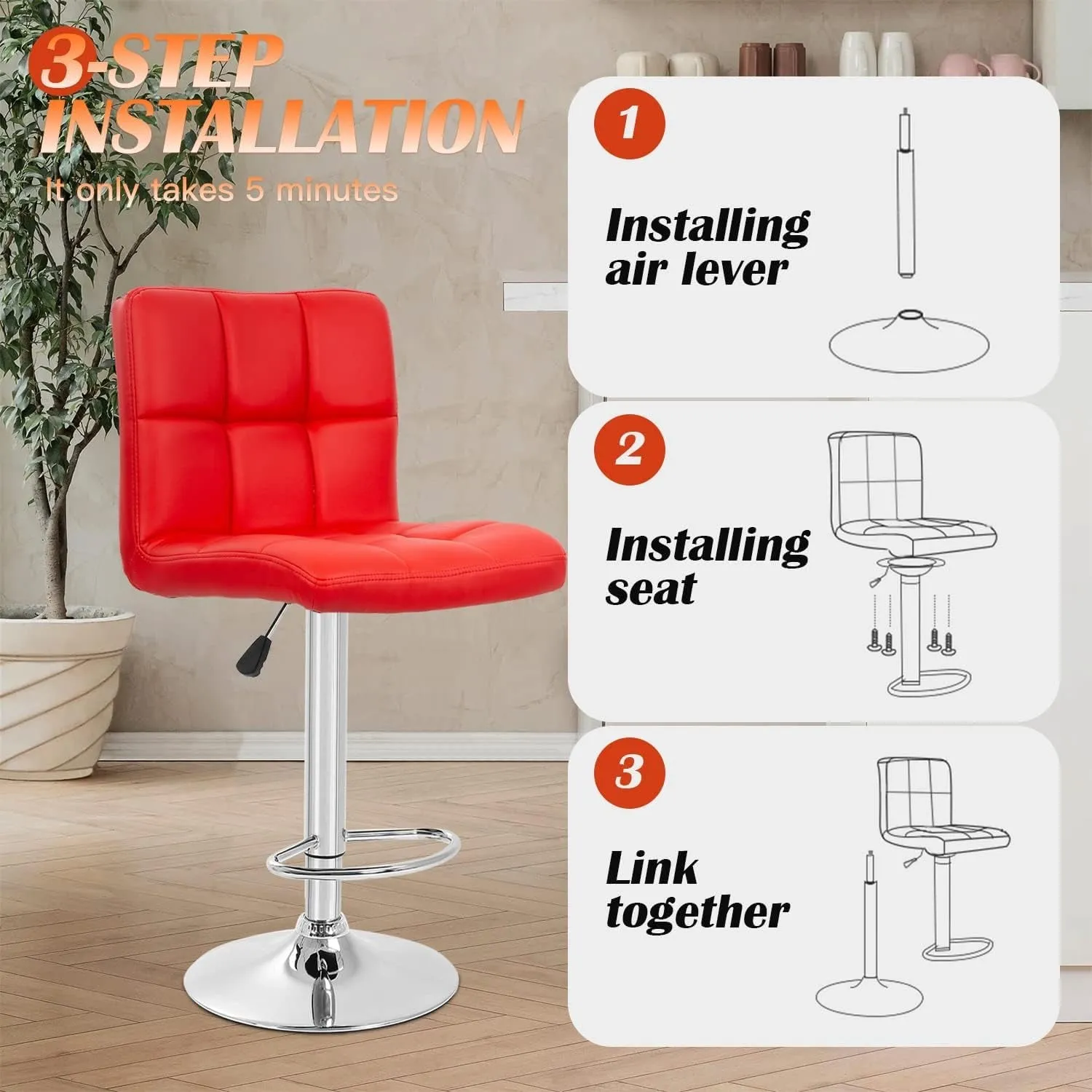 Barstools Set of 2 Counter Height Bar Stools Height Adjustable Back PU