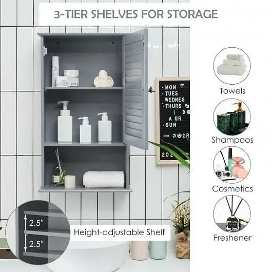 Bathroom Wall Mount Storage Cabinet Single Door with Height Adjustable Shelf-Gra