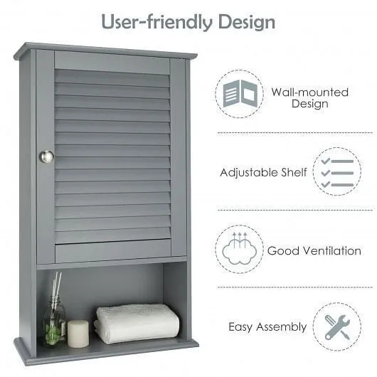 Bathroom Wall Mount Storage Cabinet Single Door with Height Adjustable Shelf-Gra