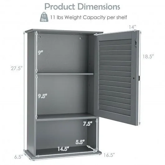 Bathroom Wall Mount Storage Cabinet Single Door with Height Adjustable Shelf-Gra