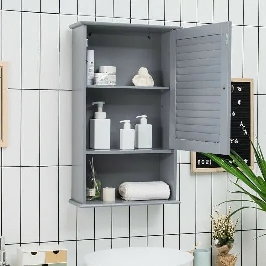 Bathroom Wall Mount Storage Cabinet Single Door with Height Adjustable Shelf-Gra