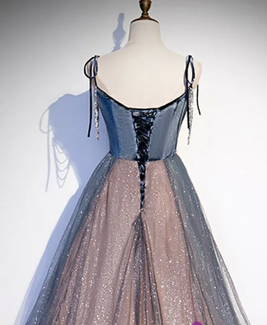 Beautiful Blue Velvet and Shiny Tulle Spaghetti Straps Beading Prom Dress, Blue Formal Dresses