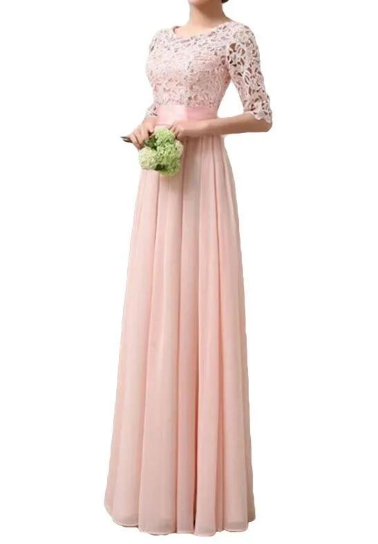 Beautiful Chiffon and Lace Sleeves Bridesmaid Dress, Long Party Dress