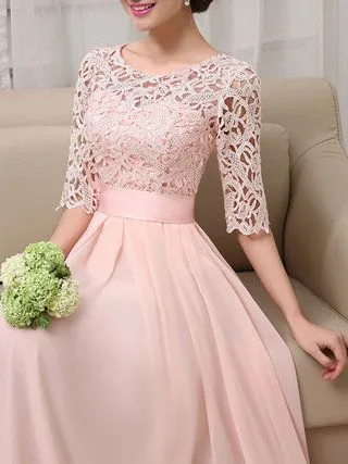 Beautiful Chiffon and Lace Sleeves Bridesmaid Dress, Long Party Dress