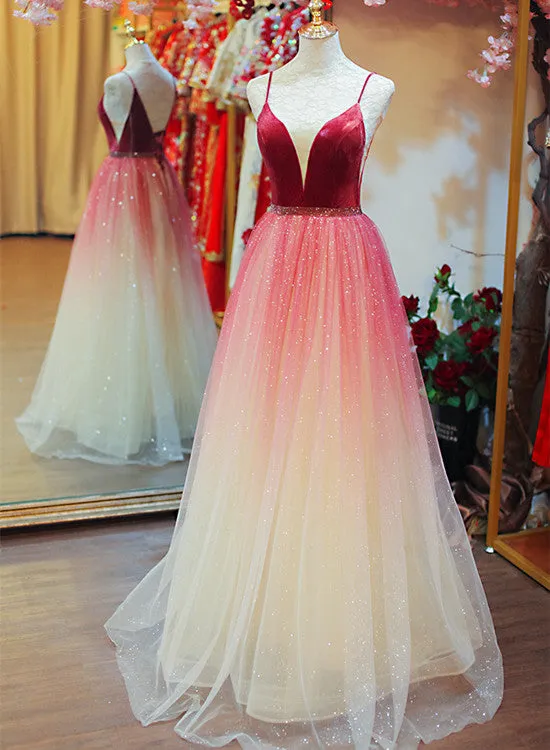 Beautiful Dark Red Tulle Long Party Gown, Straps Gradient Prom Dress