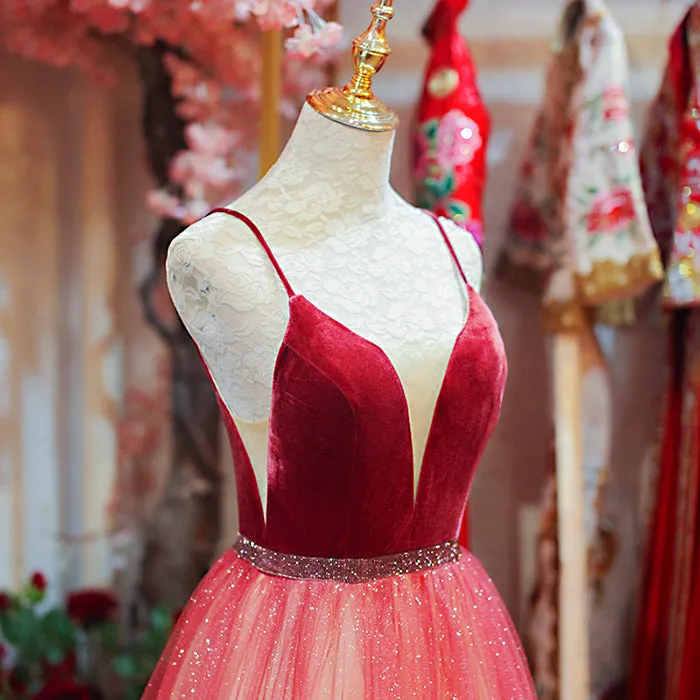 Beautiful Dark Red Tulle Long Party Gown, Straps Gradient Prom Dress