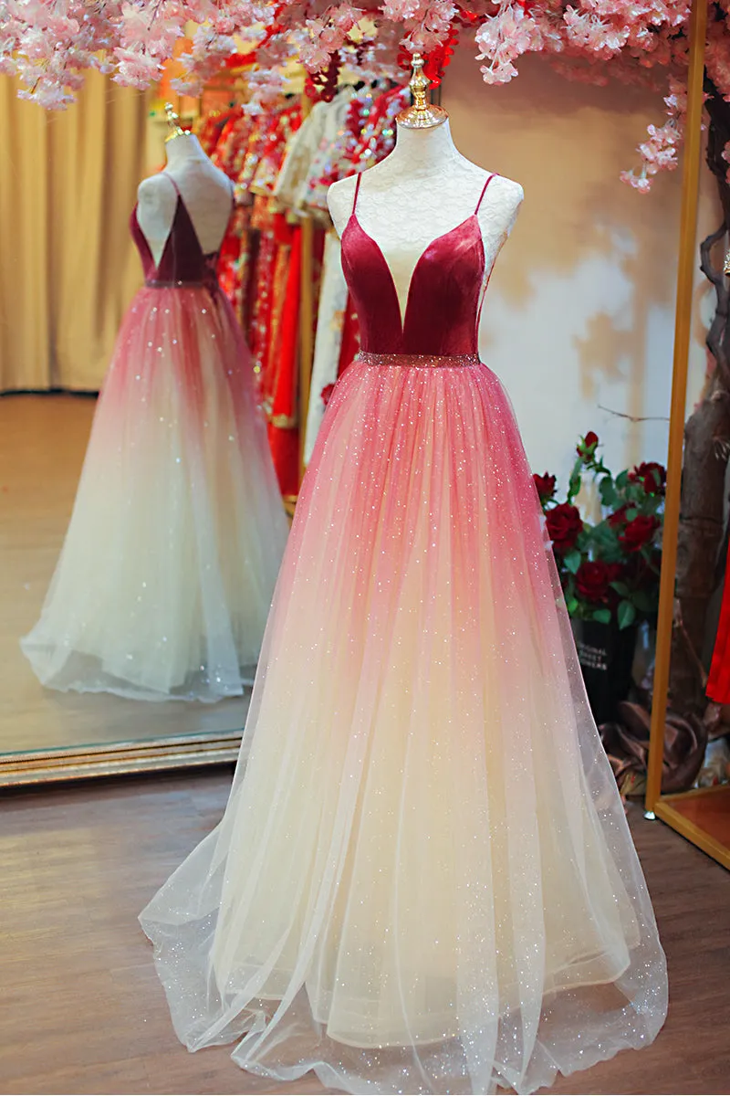 Beautiful Dark Red Tulle Long Party Gown, Straps Gradient Prom Dress