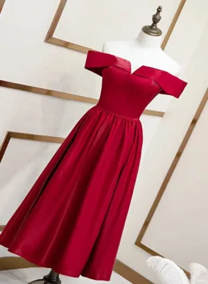 Beautiful Wine Red Tea Length Satin Bridesmaid Dress, Cute Short Prom Dress