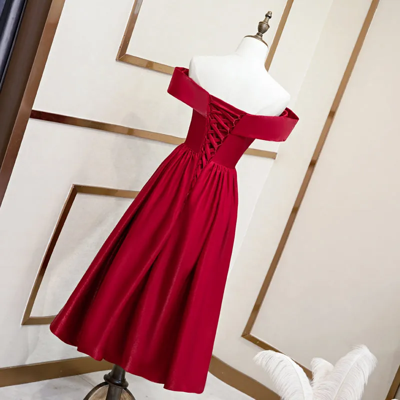 Beautiful Wine Red Tea Length Satin Bridesmaid Dress, Cute Short Prom Dress