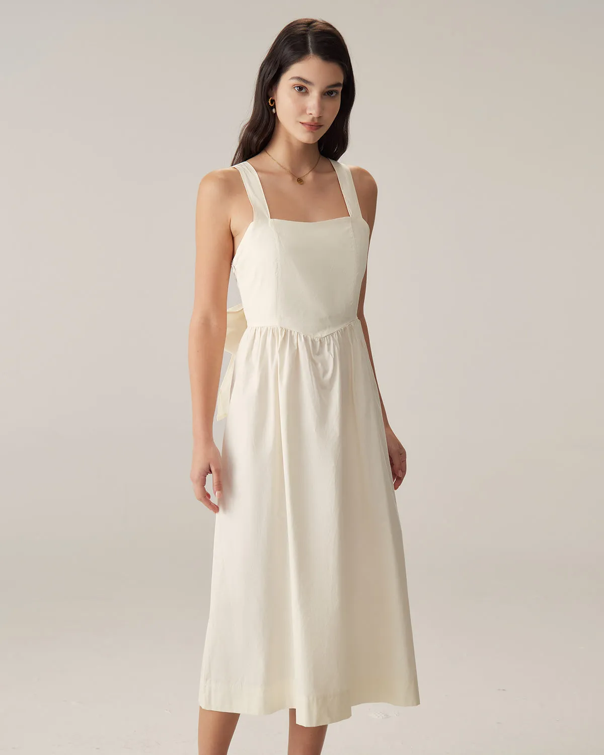 Beige Square Neck Backless Slip Midi Dress