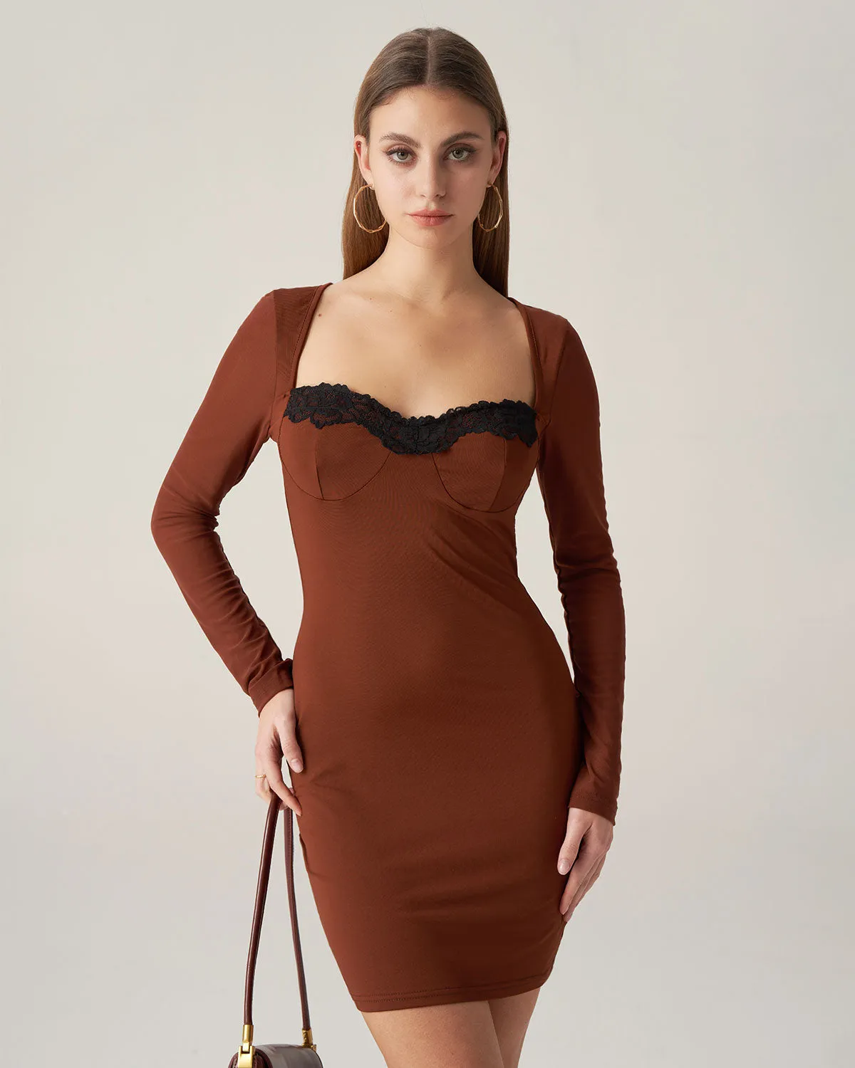 Bettydress-Brown Lace Splicing Bodycon Mini Dress