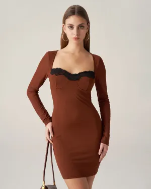 Bettydress-Brown Lace Splicing Bodycon Mini Dress