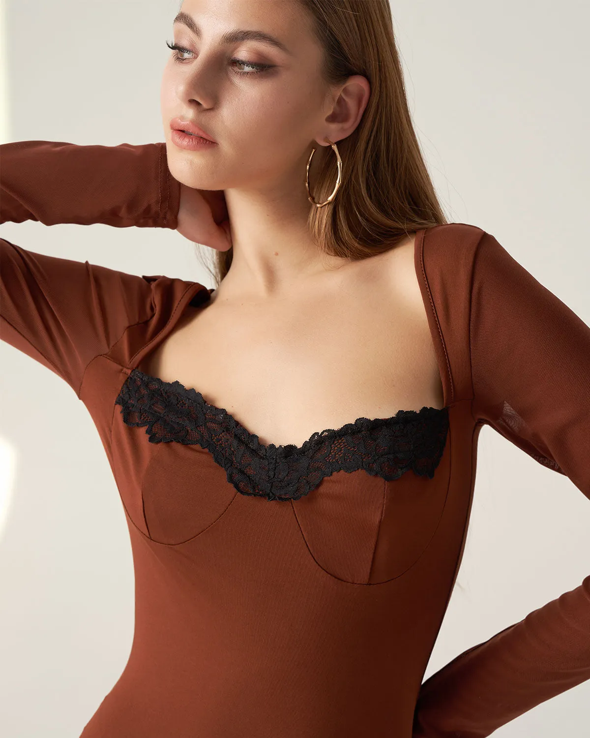 Bettydress-Brown Lace Splicing Bodycon Mini Dress