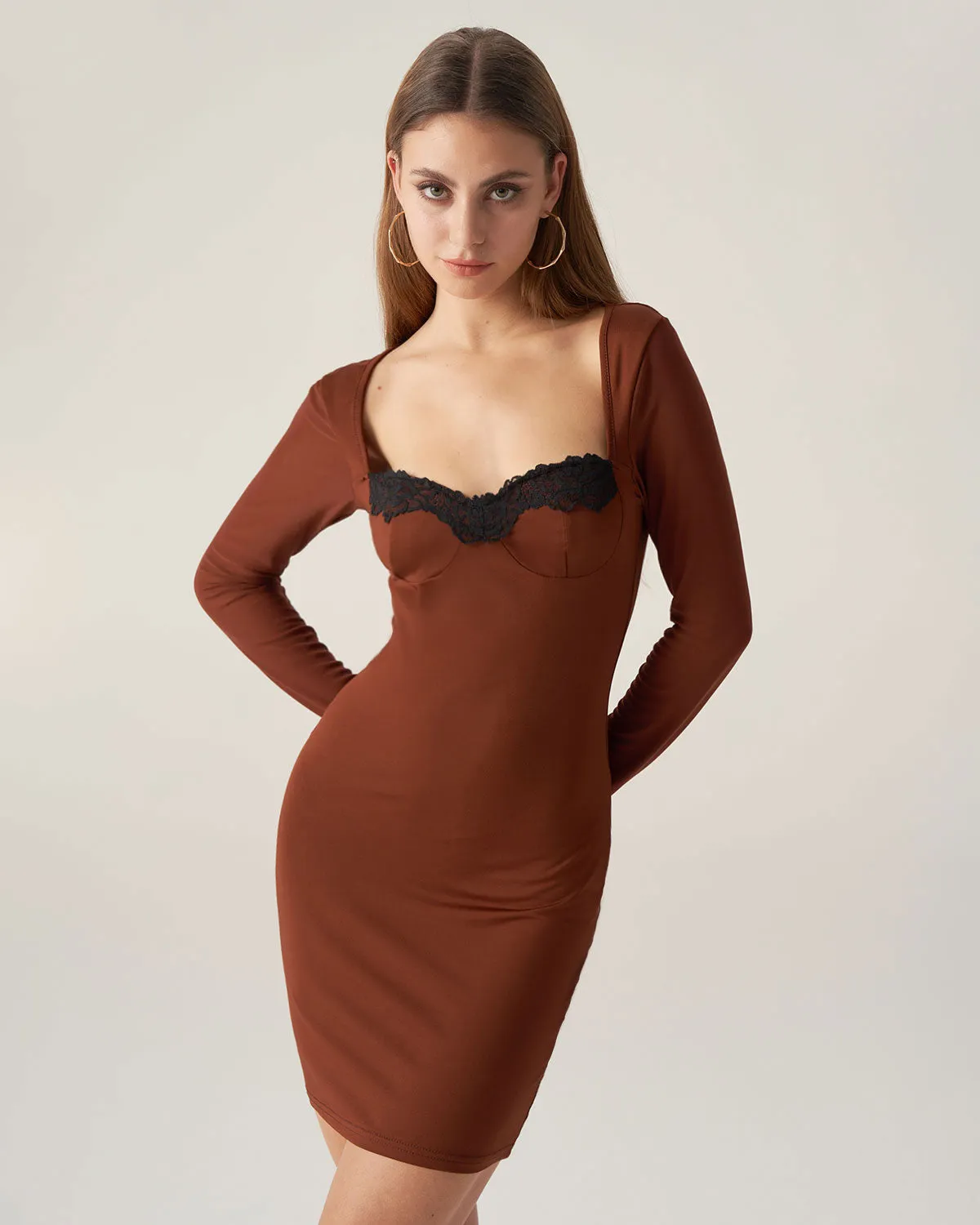 Bettydress-Brown Lace Splicing Bodycon Mini Dress
