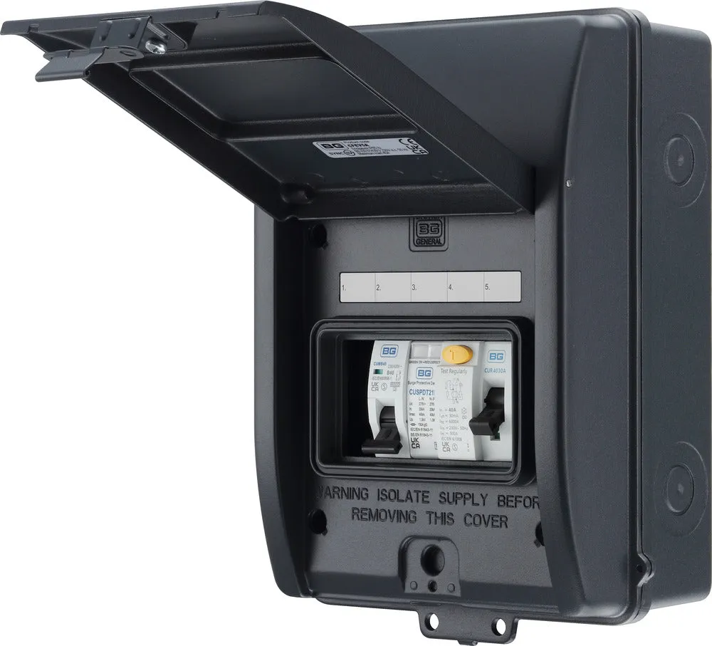 BG CFEV5A 5 Module IP65 Weatherproof Grey Metal EV Charger Circuit Protection with 40A 30mA Type A RCD, 40A B Curve MCB & Type 2 SPD