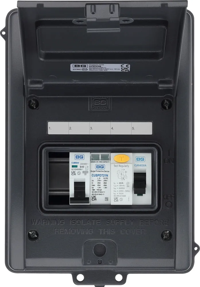 BG CFEV5A 5 Module IP65 Weatherproof Grey Metal EV Charger Circuit Protection with 40A 30mA Type A RCD, 40A B Curve MCB & Type 2 SPD