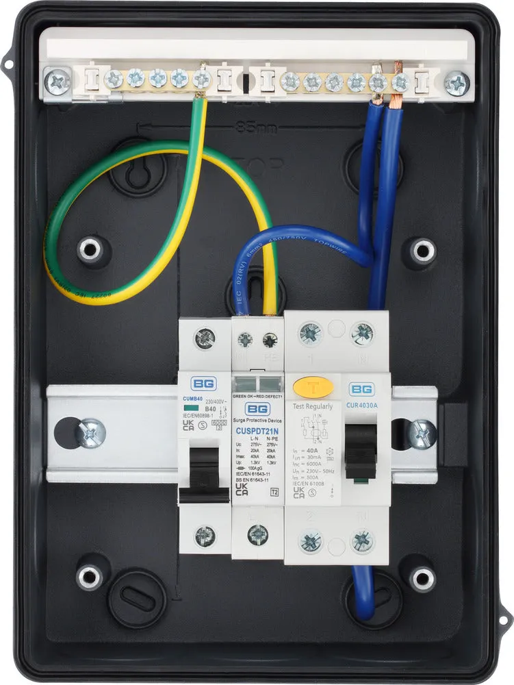 BG CFEV5A 5 Module IP65 Weatherproof Grey Metal EV Charger Circuit Protection with 40A 30mA Type A RCD, 40A B Curve MCB & Type 2 SPD