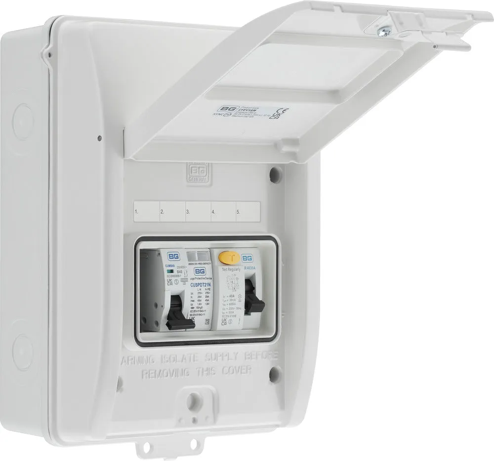 BG CFEV5AW 5 Module IP65 Weatherproof White Metal EV Charger Circuit Protection with 40A 30mA Type A RCD, 40A B Curve MCB & Type 2 SPD