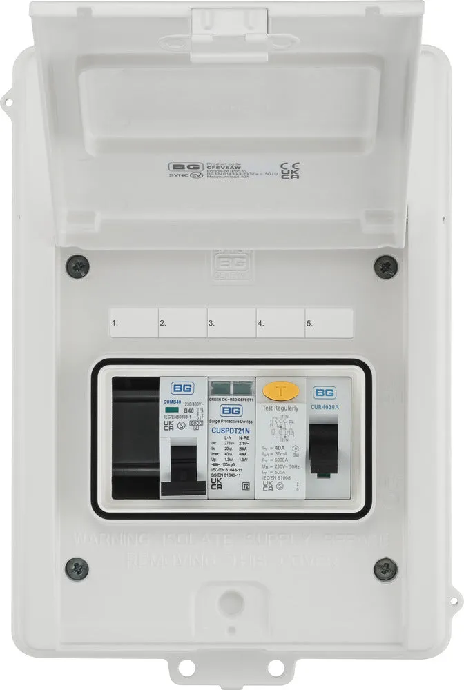 BG CFEV5AW 5 Module IP65 Weatherproof White Metal EV Charger Circuit Protection with 40A 30mA Type A RCD, 40A B Curve MCB & Type 2 SPD
