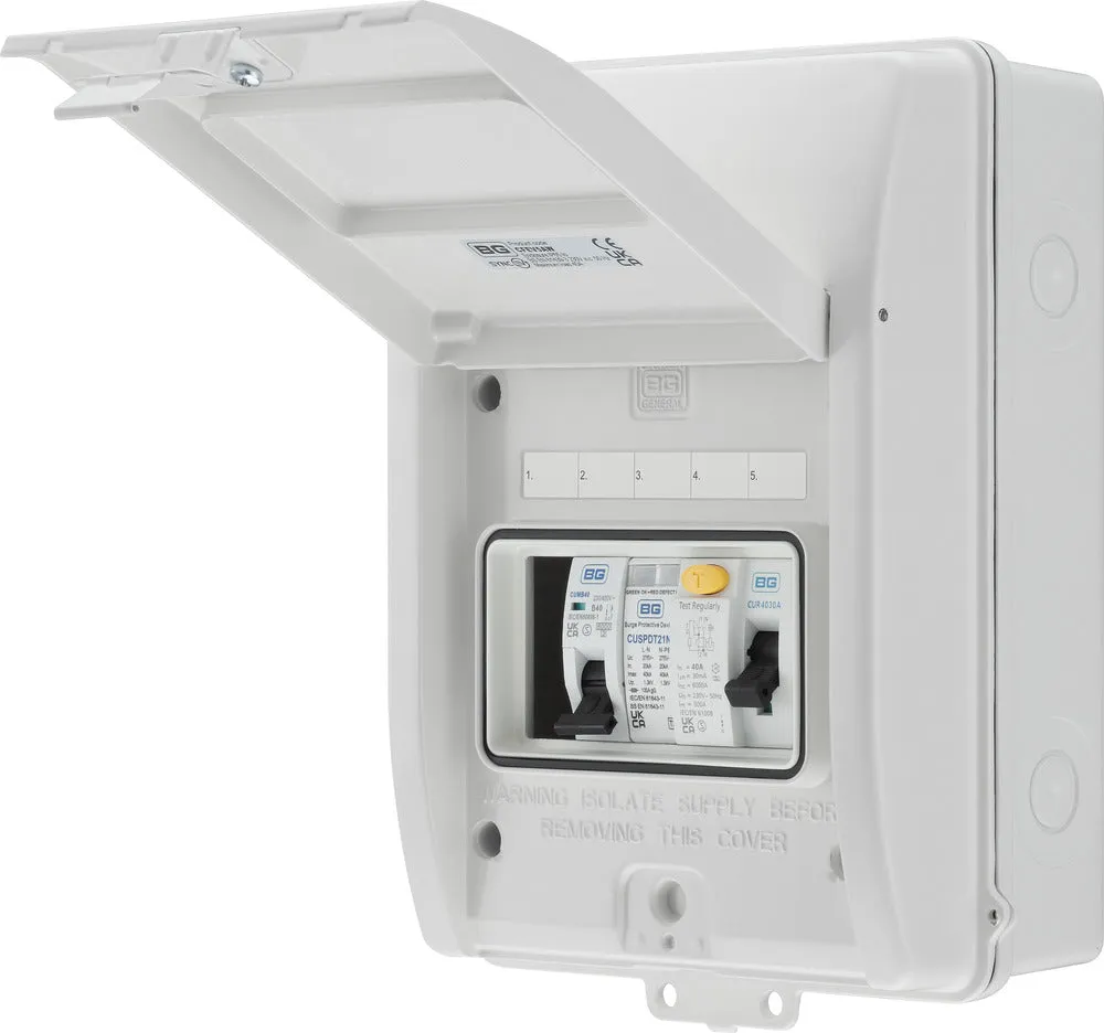 BG CFEV5AW 5 Module IP65 Weatherproof White Metal EV Charger Circuit Protection with 40A 30mA Type A RCD, 40A B Curve MCB & Type 2 SPD