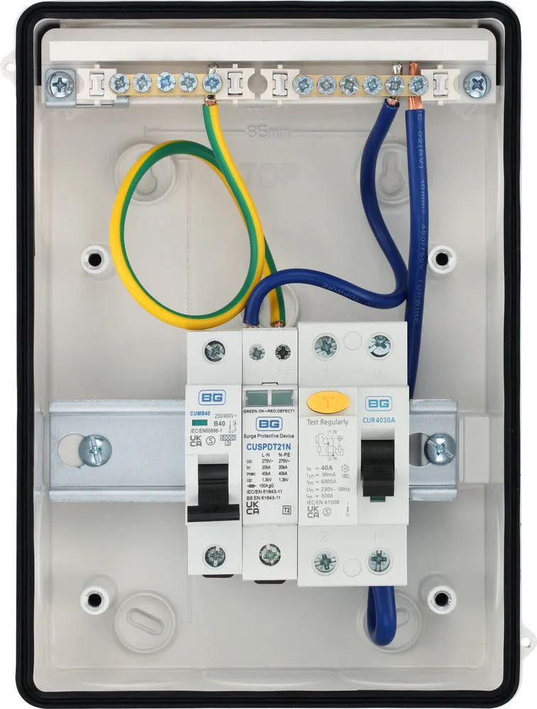 BG CFEV5AW 5 Module IP65 Weatherproof White Metal EV Charger Circuit Protection with 40A 30mA Type A RCD, 40A B Curve MCB & Type 2 SPD