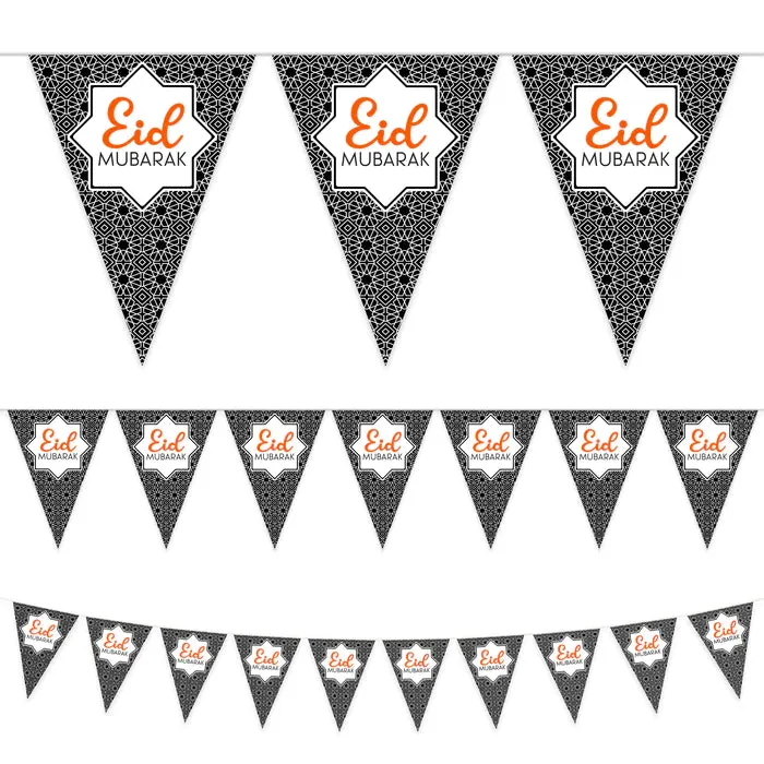 Black Geometric Pattern Eid Mubarak Plastic Triangle Bunting