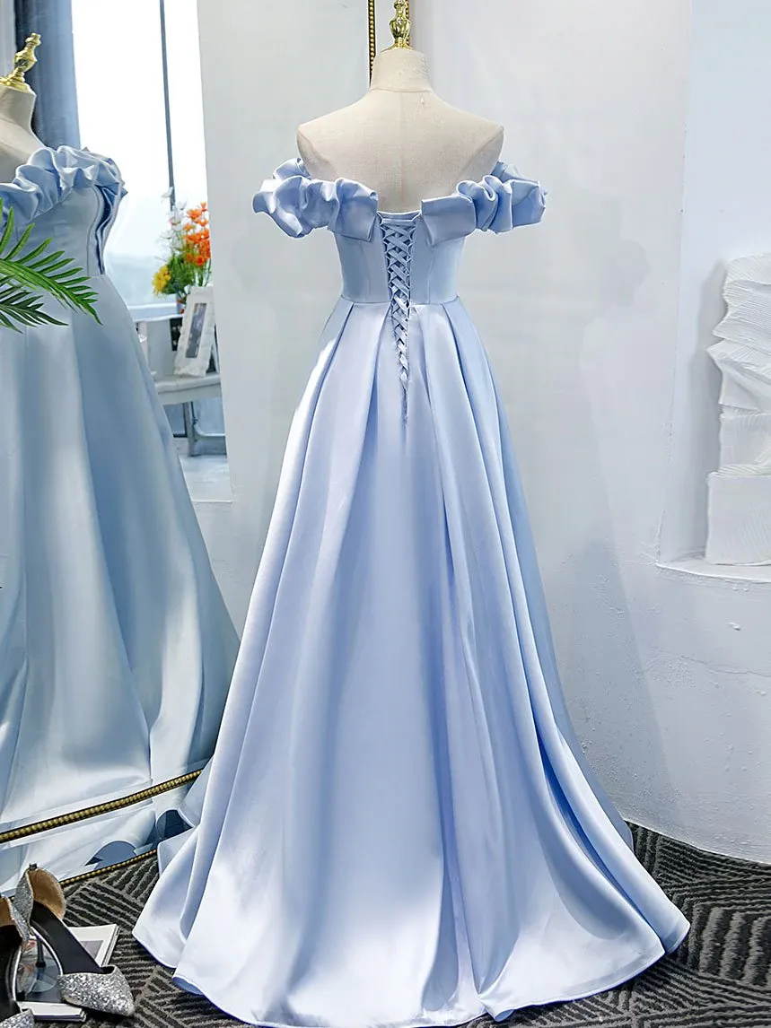 Blue A-line off shoulder long prom dress, formal dresses, blue evening dress M5862