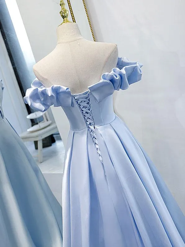 Blue A-line off shoulder long prom dress, formal dresses, blue evening dress M5862