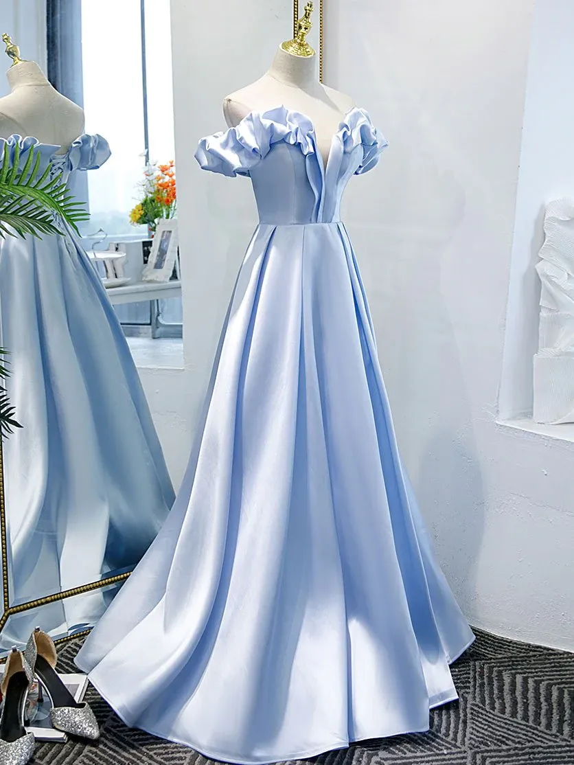 Blue A-line off shoulder long prom dress, formal dresses, blue evening dress M5862