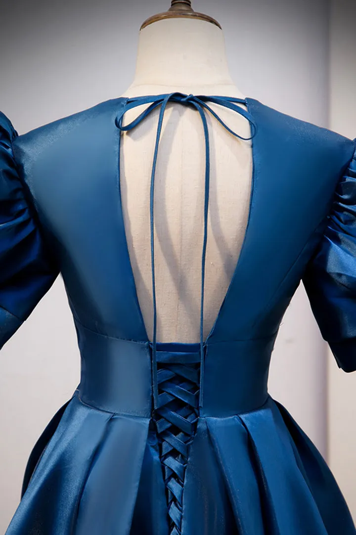Blue satin long prom dress blue evening dress M5333
