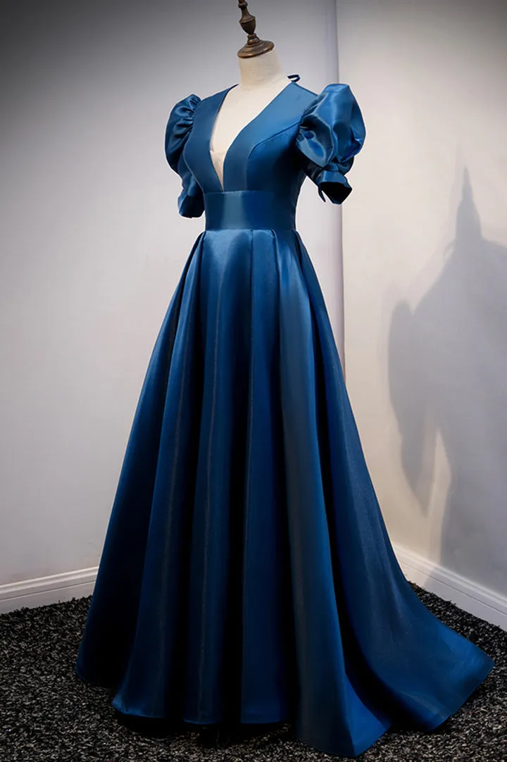 Blue satin long prom dress blue evening dress M5333