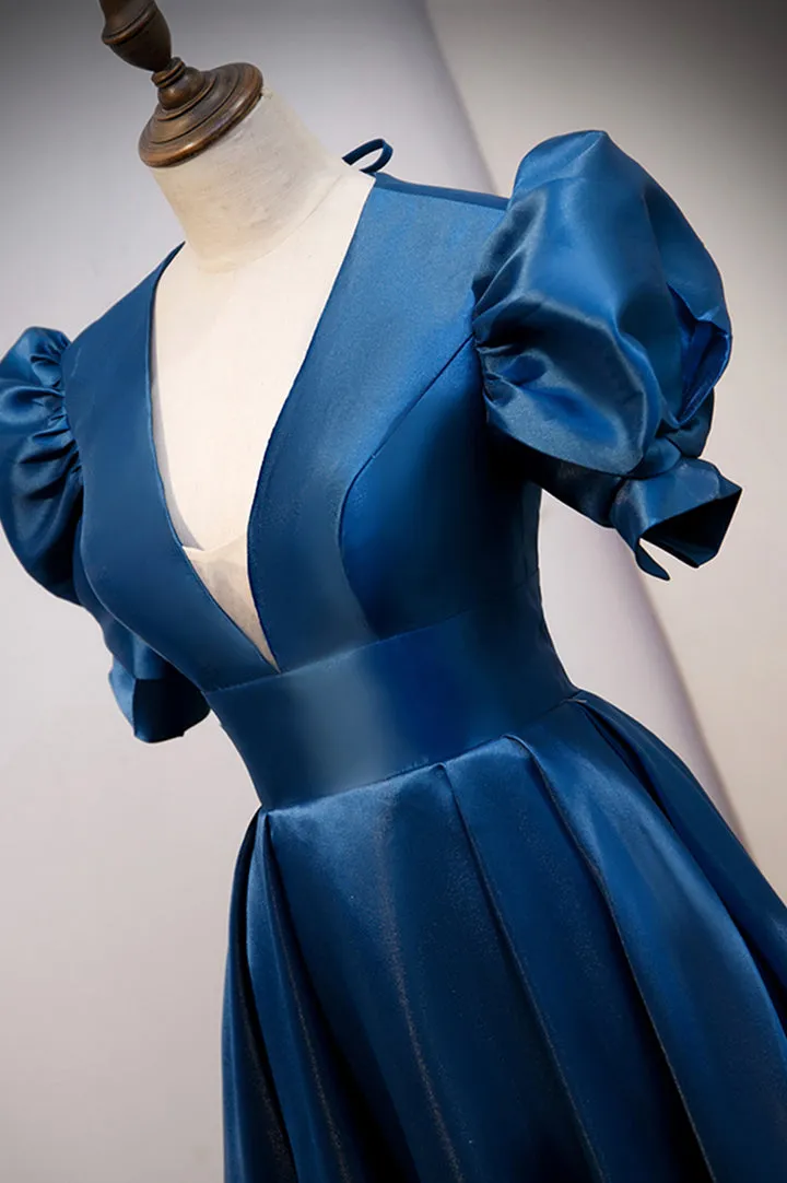 Blue satin long prom dress blue evening dress M5333