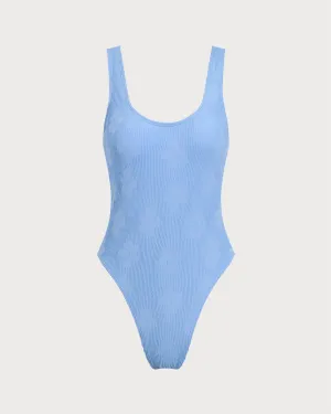 Blue U Neck Backless One-Piece Swimsuit